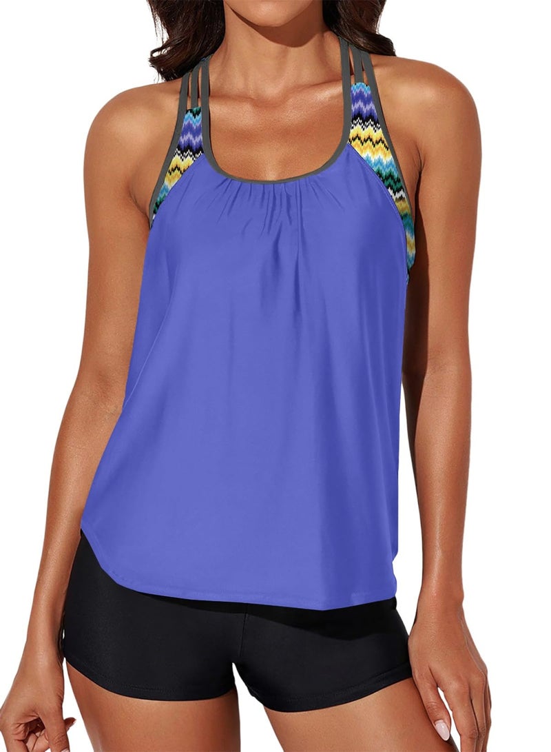 Aleumdr Womens Blouson Printed Push Up Tankini Set Padded Bathing Suit Racerback Two Piece Swimsuit Blue Medium 8 10 - Image 1